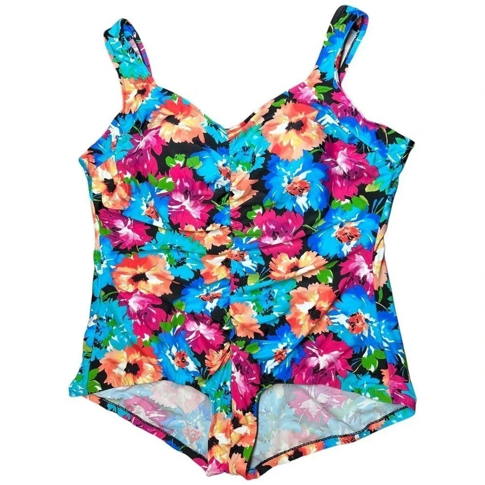 Azul by Maxine of Hollywood One Piece Swimsuit Tropical Hawaiian Flowers Plus 26